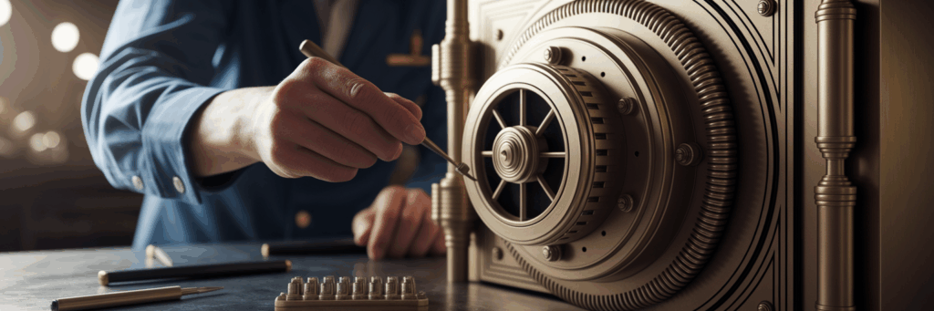Artisan inspecting a complex safe lock.