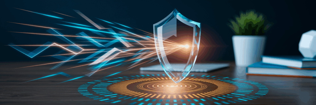 Crystalline shield protecting financial ledger.