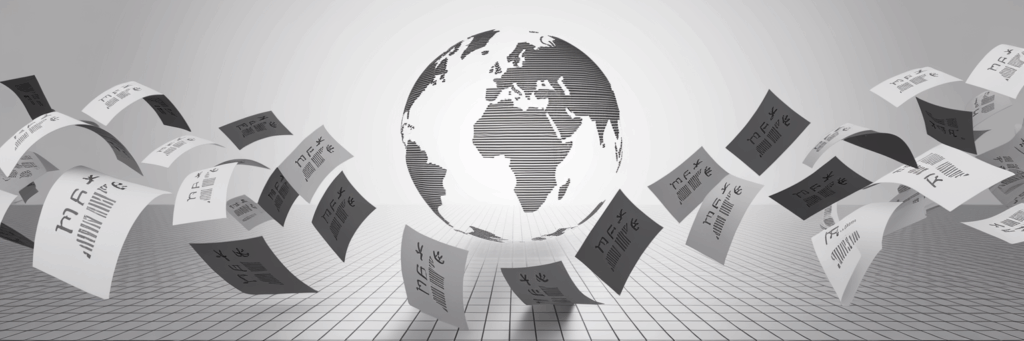 Stylized globe with invoices flying outwards.