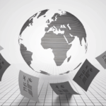 Stylized globe with invoices flying outwards.