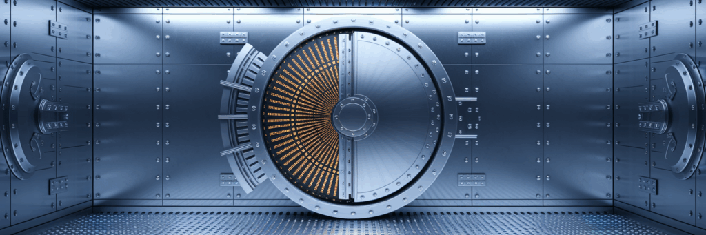 Abstract digital vault glowing with light.