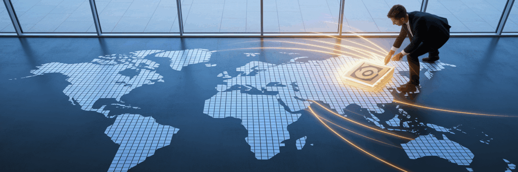 Business person completing world map mosaic.