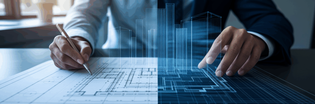 Blueprint versus holographic building model.