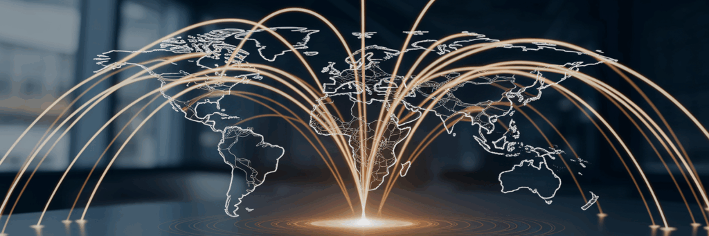 Flowing lines of light connecting a world map.