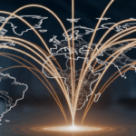 Flowing lines of light connecting a world map.
