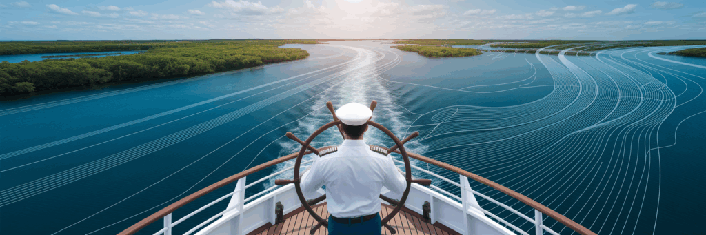 Captain navigating a ship using water currents