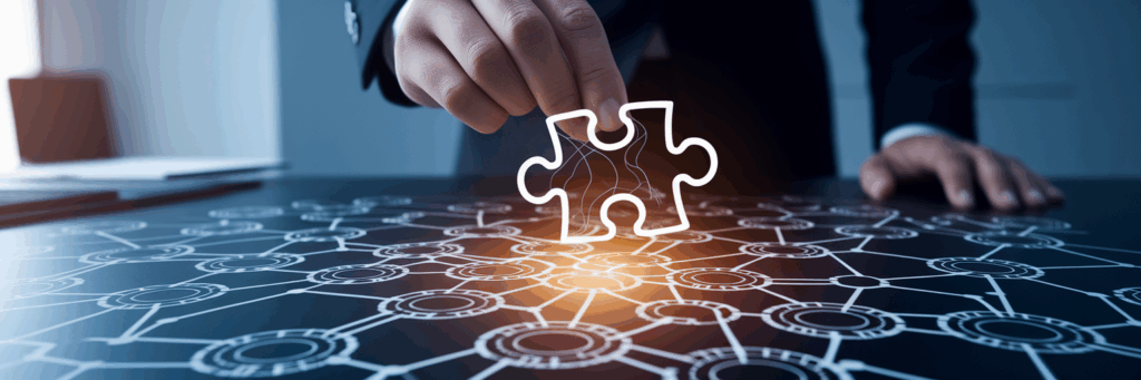 Hand placing data puzzle piece into strategy map.