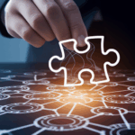 Hand placing data puzzle piece into strategy map.