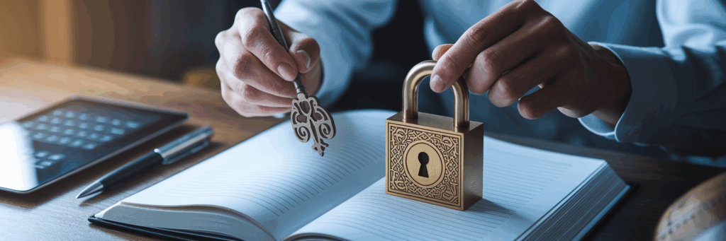 Person crafting a key for a secure ledger.