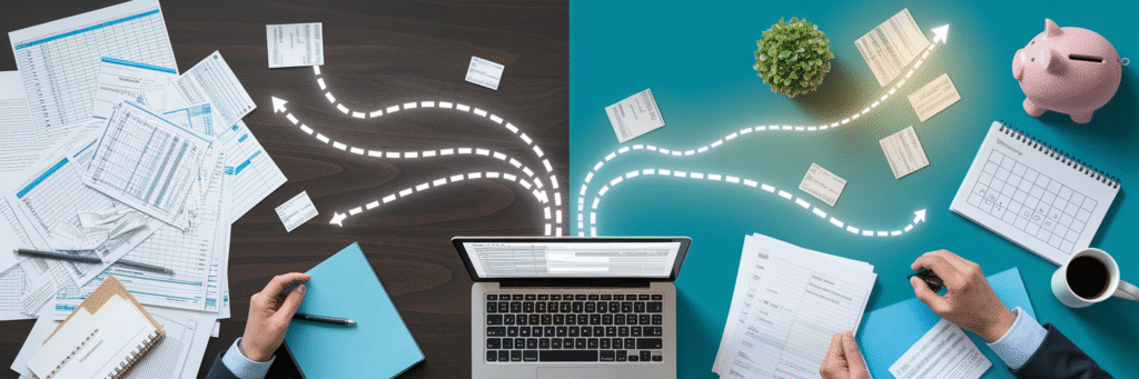 Desk showing messy papers versus clear digital path.