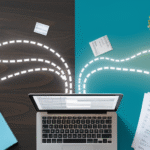 Desk showing messy papers versus clear digital path.