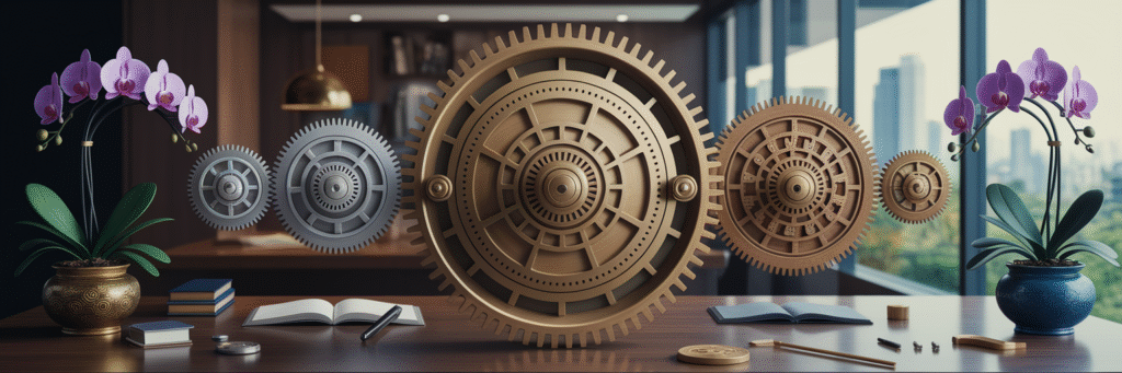 Intricate gear system representing multi-currency invoicing.