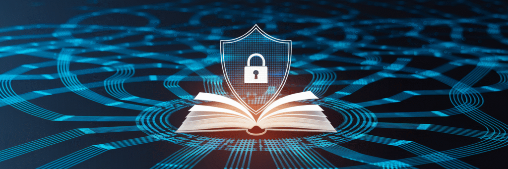 Secure shield protecting a financial ledger.