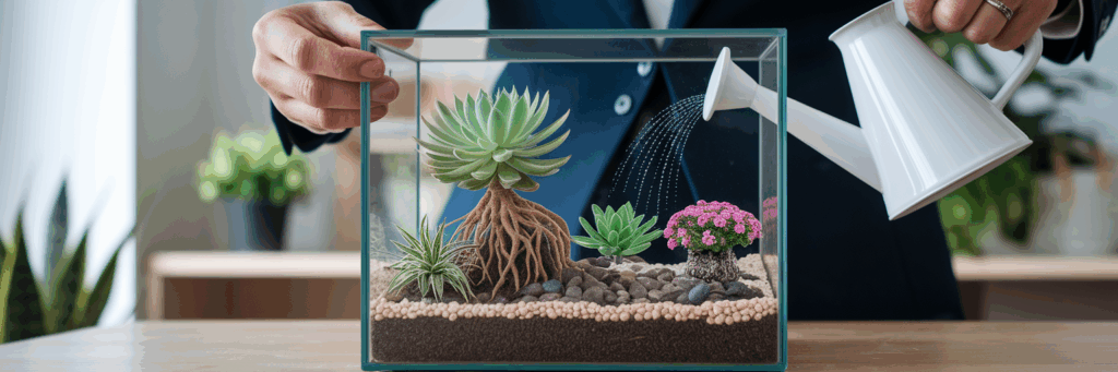 Business owner nurturing financial terrarium.