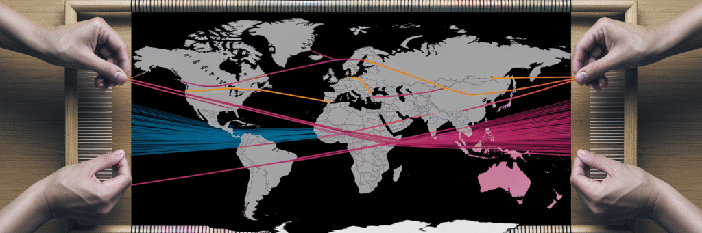 Tapestry of world map woven with currency threads.