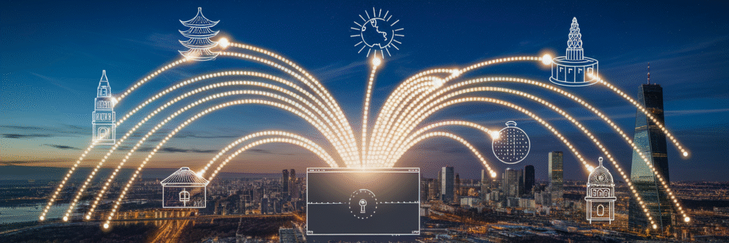 Secure central vault connecting to global locations.