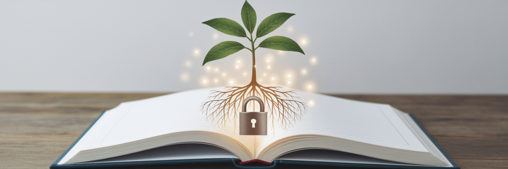 Sapling growing from book with glowing roots.