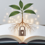 Sapling growing from book with glowing roots.