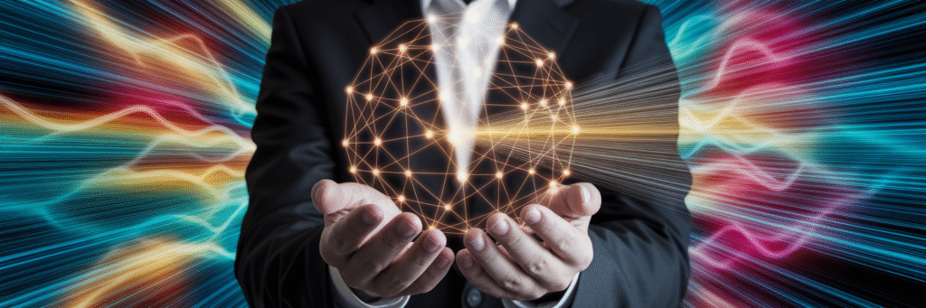 Hands holding a glowing orb of data.