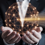 Hands holding a glowing orb of data.