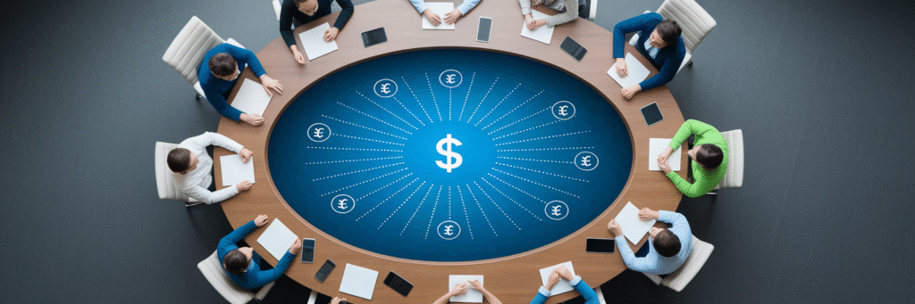 Team collaborating around table with financial data.