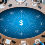 Team collaborating around table with financial data.