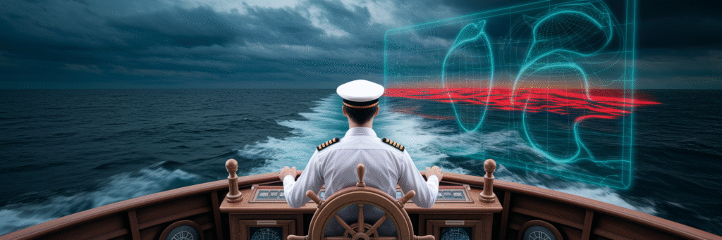 Captain navigating stormy seas with data.