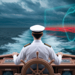 Captain navigating stormy seas with data.