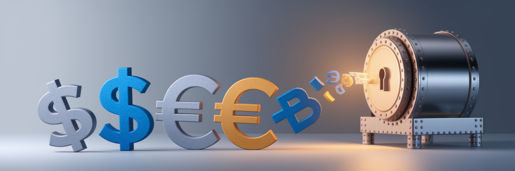 Abstract currency symbols flowing into secure vault.