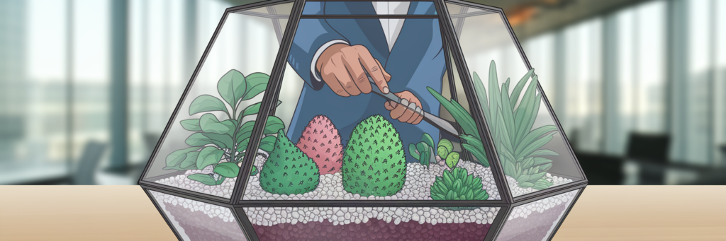 Person tending to secure data garden terrarium.