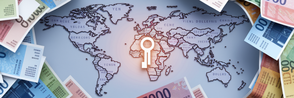 World map made of receipts with a glowing key.