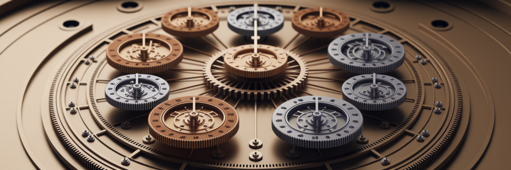 Intricate clockwork mechanism representing multi-currency analysis.