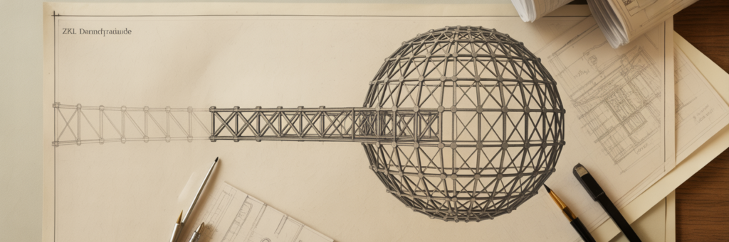 Blueprint of intricate bridge connecting vault and building.
