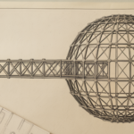 Blueprint of intricate bridge connecting vault and building.