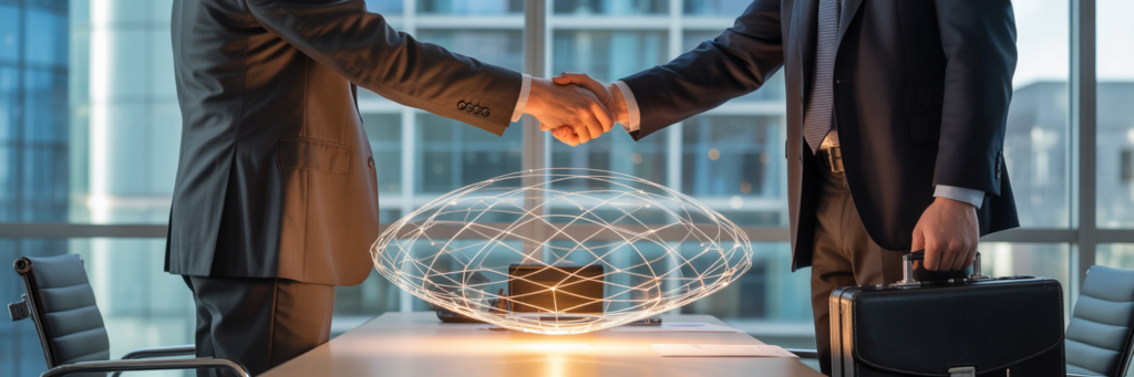 Business professionals completing secure data agreement.