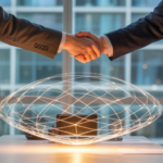 Business professionals completing secure data agreement.