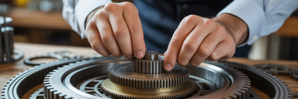 Artisan building a secure mechanical ledger.