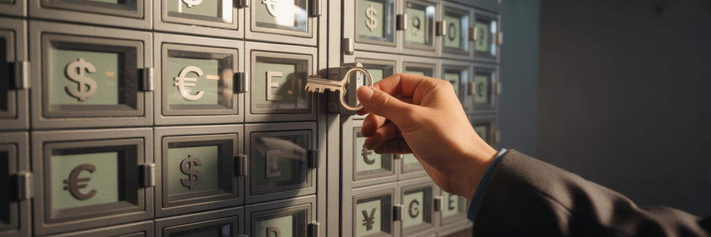 Person using key on secure multi-currency lockbox.