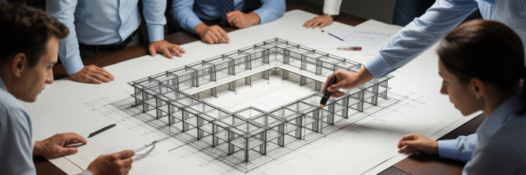Architects planning a secure building blueprint.