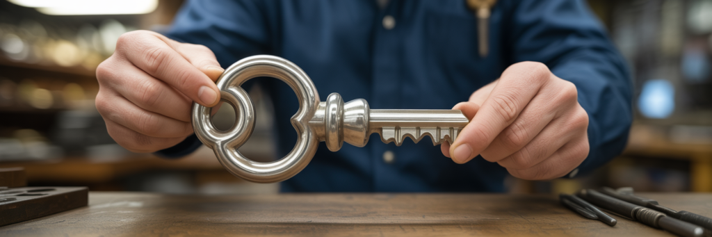 Locksmith crafting a complex multi-currency key.