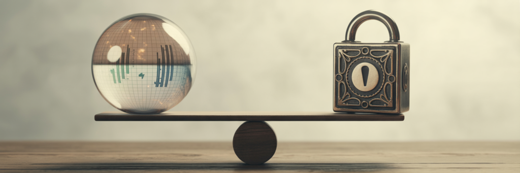 Balanced scale with financial data and secure box.